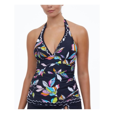 PROFILE by GOTTEX Women's Multi Color Printed Stretch Tummy Control Ruffled Ruched Deep V Neck Fixed Cups Monaco Halter Tankini Swimsuit Top 8 