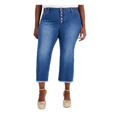 MICHAEL KORS Womens Blue Pocketed Button Fly Frayed Hem Cropped Jeans Plus 14W 