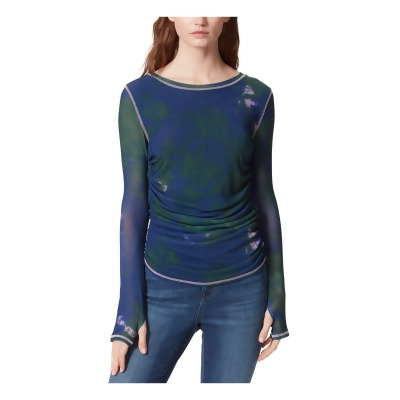 FRAYED Womens Green Sheer Ruched Unlined Printed Long Sleeve Crew Neck Top L 
