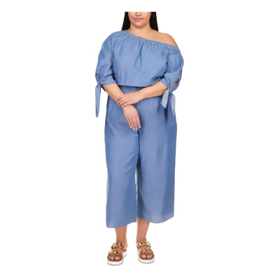 MICHAEL KORS Womens Blue Asymmetrical Neckline High Waist Jumpsuit Plus 0X 