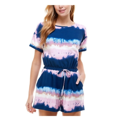 BEBOP Womens Blue Knit Pocketed Drawstring Waist Pull-on Style Tie Dye Short Sleeve Round Neck Romper XS 