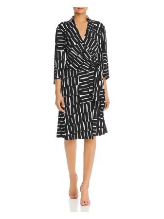 KENNETH COLE Womens Black Tie Pullover Printed 3/4 Sleeve Collared Knee  Length Wear To Work Faux Wrap Dress XXS