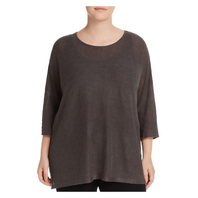 EILEEN FISHER Womens Gray Textured Sheer Vented Hem Pullover Unlined 3/4 Sleeve Round Neck Sweater Plus 1X 