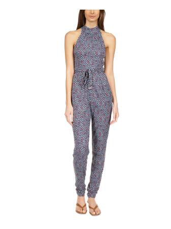 MICHAEL KORS Womens Blue Pocketed Zippered Tie Belt Printed Sleeveless Mock Neck Straight leg Jumpsuit Petites P\M 