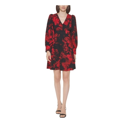 CALVIN KLEIN Womens Red Zippered Button Cuffs Unlined Floral Blouson Sleeve V Neck Above The Knee Evening Fit + Flare Dress Petites 8P 