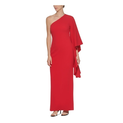 CALVIN KLEIN Womens Red Zippered One Draped Sleeve Back Slit Asymmetrical Neckline Full-Length Formal Sheath Dress 6 
