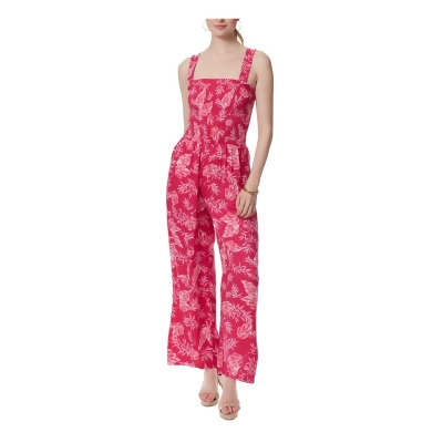 JESSICA SIMPSON Womens Pink Smocked Ruffled Pocketed Printed Sleeveless Square Neck High Waist Jumpsuit M 