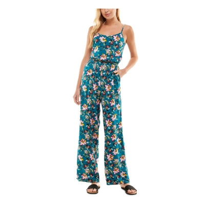 KINGSTON GREY Womens Teal Pocketed Open Back Tie Back Elastic Waist Floral Spaghetti Strap Scoop Neck Wide Leg Jumpsuit Juniors L 