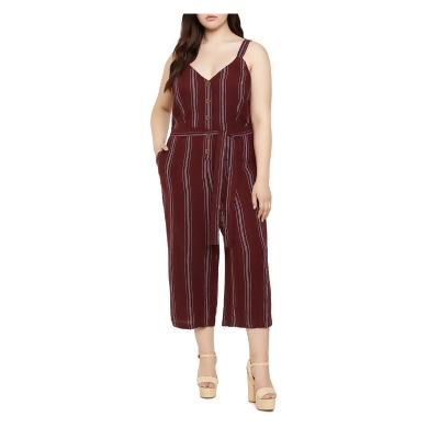 SANCTUARY Womens Maroon Pocketed Belted Button Front Wide Straps Cropped Striped Sleeveless V Neck Wide Leg Jumpsuit Plus 3X 