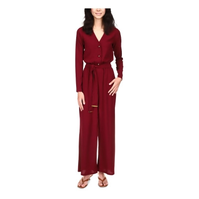 MICHAEL KORS Womens Maroon Textured Pocketed Tie Belt Unlined Long Sleeve Point Collar Wear To Work Button Up Wide Leg Jumpsuit XL 