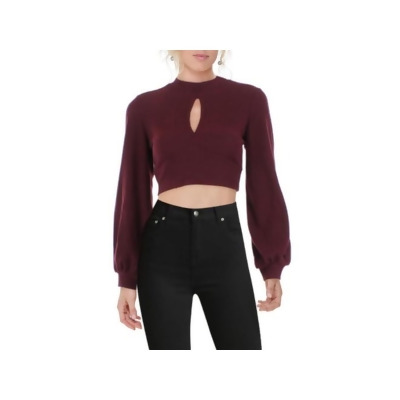 ALMOST FAMOUS Womens Maroon Cut Out Ribbed Button Neck Open Tie Back Balloon Sleeve Mock Neck Crop Top Sweater M 