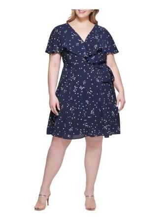 DKNY Womens Navy Zippered Textured Tie Belt Ruffled Sheer Lined Floral  Flutter Sleeve V Neck Above The Knee Fit + Flare Dress Plus 16W