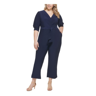 VINCE CAMUTO Womens Navy Pocketed Zippered Tie Front Ruched 3/4 Sleeve V Neck Straight leg Jumpsuit Plus 24W 