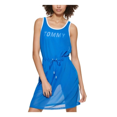 TOMMY HILFIGER SPORT Womens Blue Sheer Drawstring Bodysuit Lining Sleeveless Scoop Neck Short Shift Dress XS 