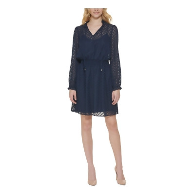 TOMMY HILFIGER Womens Navy Smocked Ruffled Sheer Slip Lining Pullover Tie Long Sleeve V Neck Above The Knee Fit + Flare Dress 8 