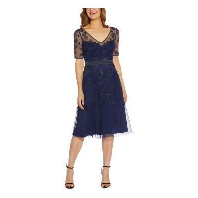 PAPELL STUDIO Womens Navy Zippered Embellished Sheer Lined Darted Short Sleeve V Neck Below The Knee Evening Fit + Flare Dress 2 