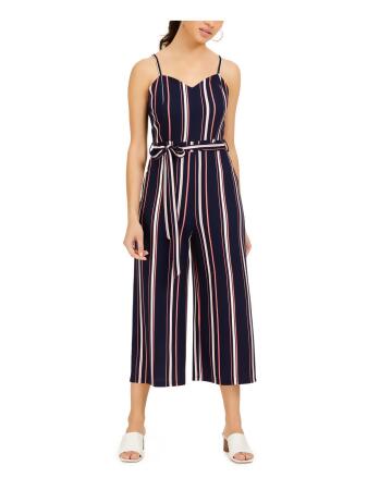CRAVE FAME Womens Navy Tie Striped Spaghetti Strap Sweetheart Neckline Wide Leg Jumpsuit Juniors XXS 
