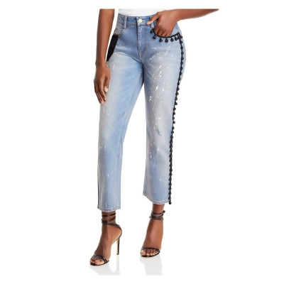 HELLESSY Womens Blue Zippered Pocketed Paint Splatter Pom Pom Trim Straight leg Jeans 12 