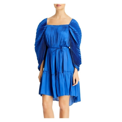 KOBI HALPERIN Womens Blue Pleated Ruffled Pullover Unlined Tie Back Sheer Pouf Sleeve Square Neck Above The Knee Cocktail Fit + Flare Dress XS 