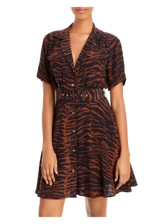 STAUD Womens Black Belted Pocketed Gathered Elastic Waist Animal Print  Short Sleeve Collared Above The Knee Shirt Dress 4