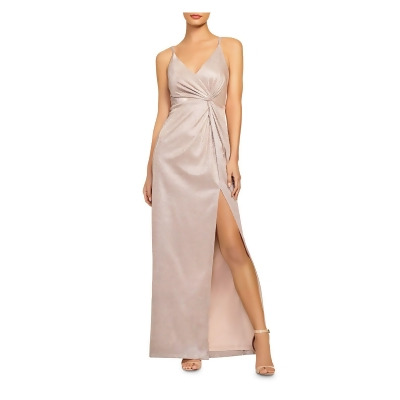 AIDAN MATTOX Womens Beige Soft Cotton Glitter Metallic Zippered Slitted V Neck Full-Length Formal Sheath Dress 4 