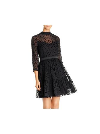 REBECCA TAYLOR Womens Black Zippered Cut Out Partially Lined Sheer Ruffled  Polka Dot 3/4 Sleeve Mock Neck Above The Knee Fit + Flare Dress 10