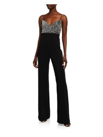 JAY GODFREY Womens Black Beaded Sequined Spaghetti Strap V Neck Evening  Wide Leg Jumpsuit 10