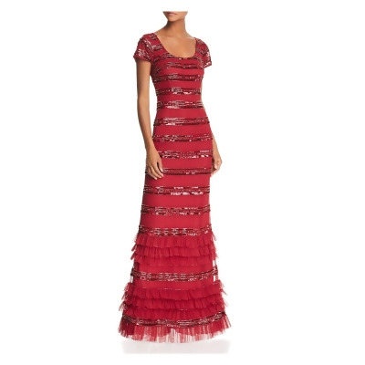 AIDAN MATTOX Womens Red Zippered Tiered-ruffle Trims Lined Cap Sleeve Scoop Neck Full-Length Evening Gown Dress 0 