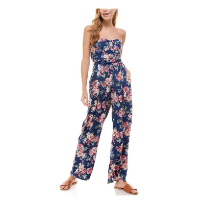 AS U WISH Womens Navy Pocketed Elastic Back Floral Sleeveless Strapless Jumpsuit Juniors XS 