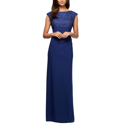 ALEX EVENINGS PETITE Womens Blue Stretch Zippered Ruched Column Cowl-back Gown Cap Sleeve Boat Neck Full-Length Formal Dress Petites 14P 