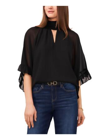 VINCE CAMUTO Womens Black Ruffled Sheer Cutout Front Keyhole Back Lined 3/4  Sleeve Mock Neck Party Top XS