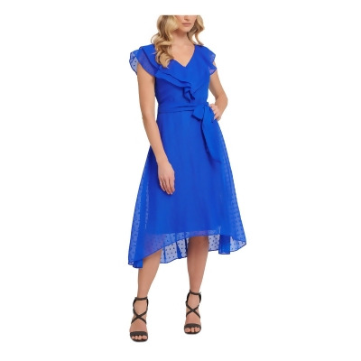DKNY Womens Blue Zippered Belted Sheer Lined Flutter Sleeve V Neck Midi Evening Hi-Lo Dress 16 