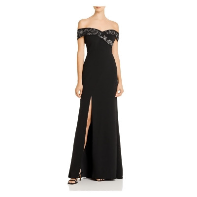 AIDAN MATTOX Womens Black Slitted Short Sleeve Off Shoulder Full-Length Evening Fit + Flare Dress 4 