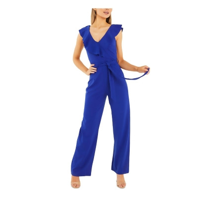 QUIZ Womens Blue Ruffled Scoop Back Tie-belt Wide Leg Cap Sleeve V Neck High Waist Jumpsuit 40 