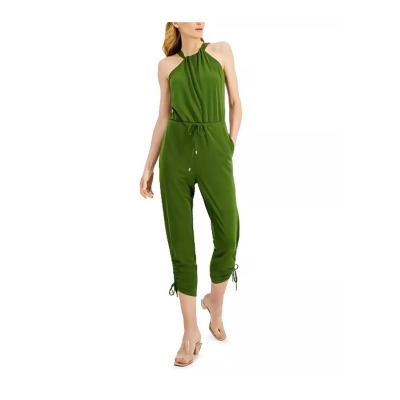 INC Womens Green Tie Ruched Sleeveless Halter Cropped Jumpsuit L 