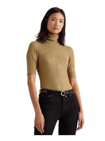 LAUREN RALPH LAUREN Womens Gold Glitter Elbow Sleeve Turtle Neck Top PS