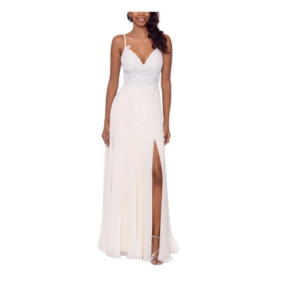 XSCAPE Womens Beige Embellished Zippered Slitted Padded Lined Spaghetti Strap V Neck Full-Length Evening Gown Dress 4 