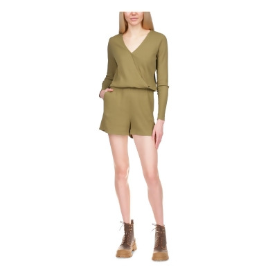 MICHAEL MICHAEL KORS Womens Green Ribbed Pocketed Pull-on Elastic Waist Long Sleeve Surplice Neckline Faux Wrap Shorts Romper L 