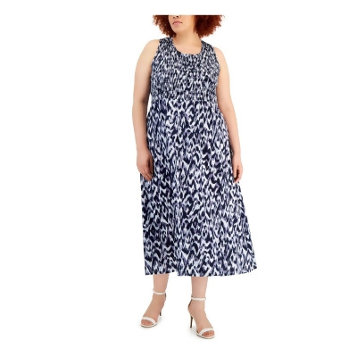 CALVIN KLEIN Womens Blue Smocked Pullover Printed Sleeveless Round Neck Maxi Fit + Flare Dress Plus 3X 