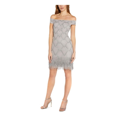 ADRIANNA PAPELL Womens Silver Zippered Sequined Fringe At Hem Lined Off Shoulder Above The Knee Party Sheath Dress 6 