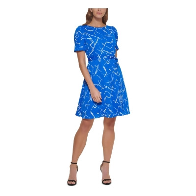 DKNY Womens Blue Zippered Puff Sleeve Tie Waist Printed Round Neck Above The Knee Evening Fit + Flare Dress 14 
