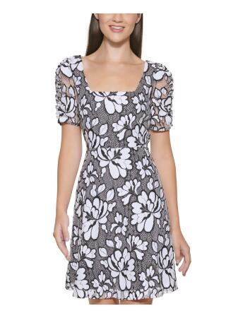 KENSIE Womens White Zippered Lined Floral Pouf Sleeve Square Neck Short  Party Fit + Flare Dress 2