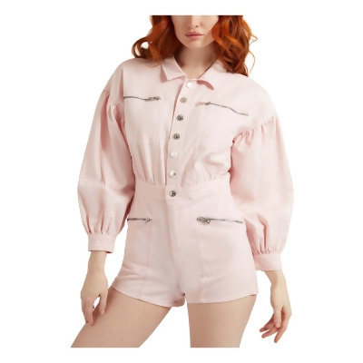 GUESS Womens Pink Zippered Pocketed Unlined Blouson Sleeve Collared Button Up Shorts Romper XS 