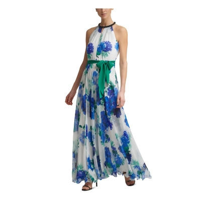 CALVIN KLEIN Womens Blue Embellished Zippered Belted Sheer Lined Floral Sleeveless Halter Full-Length Formal Gown Dress 2 
