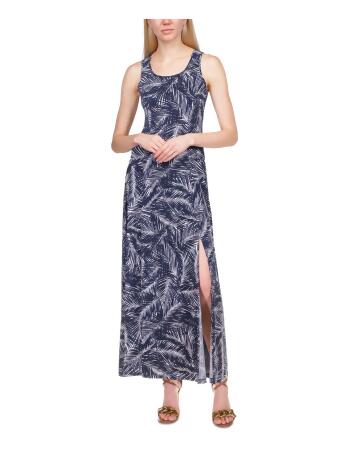 MICHAEL KORS Womens Navy Slitted Printed Sleeveless Scoop Neck Maxi Sheath Dress Petites P\XS 