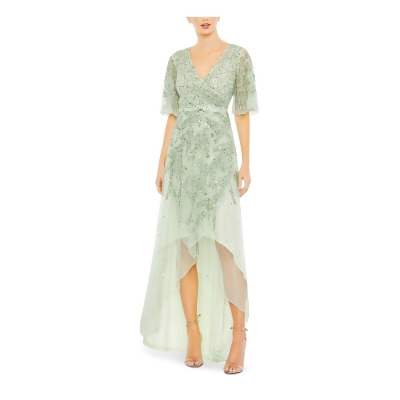MAC DUGGAL Womens Green Sequined Zippered Lined Flutter Sleeve V Neck Full-Length Evening Hi-Lo Dress 6 