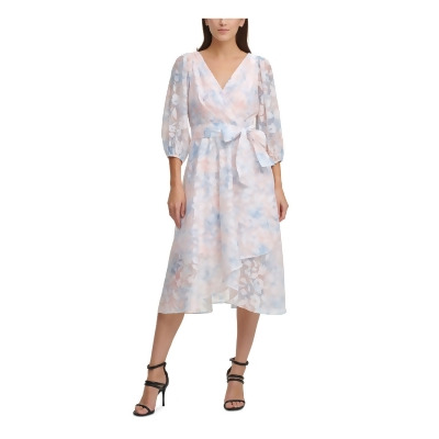 DKNY Womens Pink Zippered Belted Balloon-sleeve Printed Surplice Neckline Midi Formal Faux Wrap Dress 14 