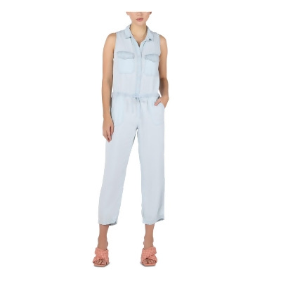 BLACK TAPE Womens Light Blue Tie Pocketed Sleeveless Collared Tank Cropped Jumpsuit Petites P\M 