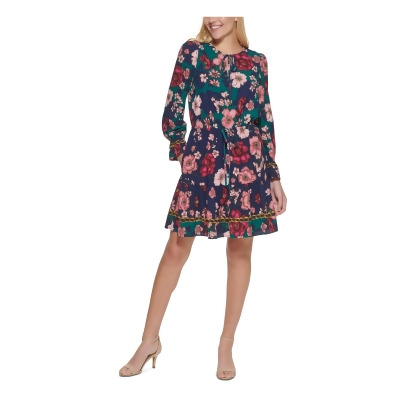 VINCE CAMUTO Womens Green Stretch Ruffled Scuba Floral Long Sleeve Tie Neck Above The Knee Cocktail Shift Dress Petites 2P 