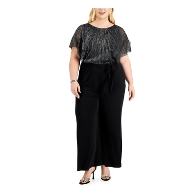 CONNECTED APPAREL Womens Black Stretch Flutter Sleeve Round Neck Wear To Work Wide Leg Jumpsuit Plus 14W 
